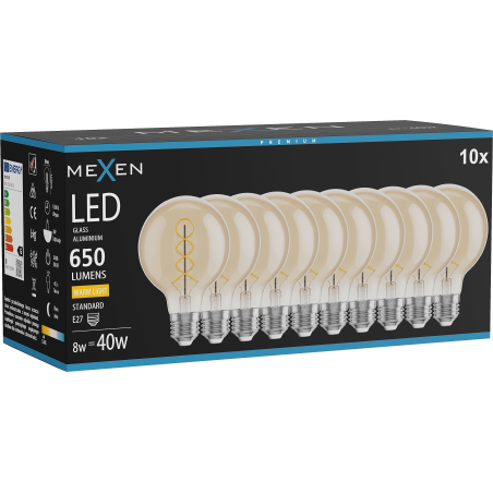 Mexen Vintis 10x LED filament spirál égő E27, G80, 8W, Meleg - 2700K, 650 lm, borostyán - L165-E27-0827-50x10