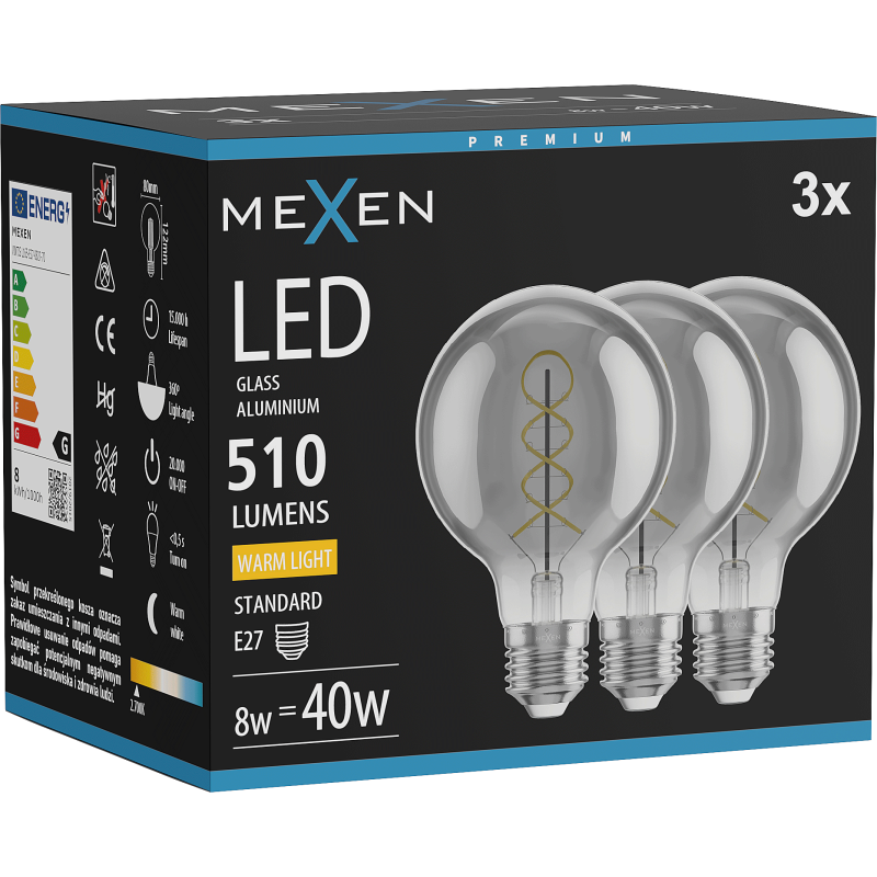 Mexen Vintis 3x LED Spirál Filament Izzó E27, G80, 8W, Meleg - 2700K, 510 lm, füstös - L165-E27-0827-70x03