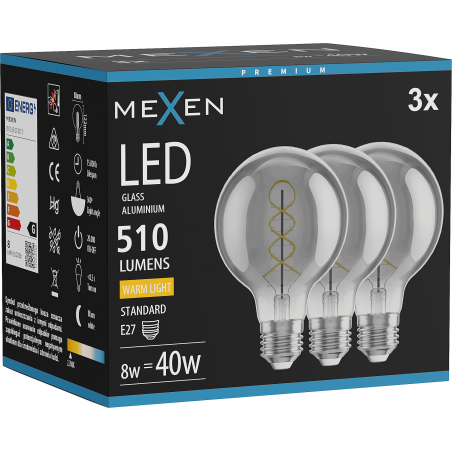 Mexen Vintis 3x LED Spirál Filament Izzó E27, G80, 8W, Meleg - 2700K, 510 lm, füstös - L165-E27-0827-70x03