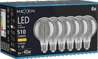 Mexen Vintis 6x Bec cu filament spirală LED E27, G80, 8W, Cald - 2700K, 510 lm, fumuriu - L165-E27-0827-70x06