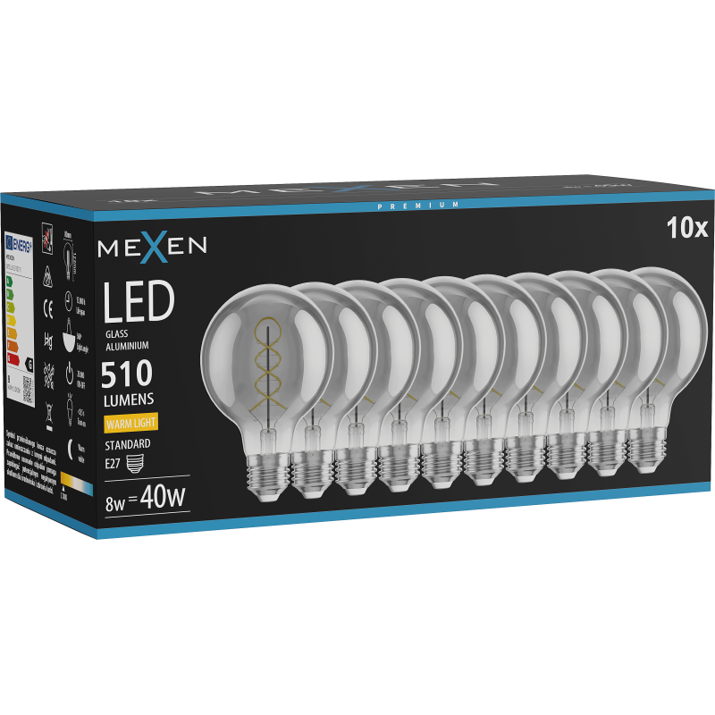 Mexen Vintis 10x LED szál spirál izzó E27, G80, 8W, Meleg - 2700K, 510 lm, füstös - L165-E27-0827-70x10
