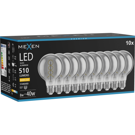 Mexen Vintis 10x LED szál spirál izzó E27, G80, 8W, Meleg - 2700K, 510 lm, füstös - L165-E27-0827-70x10