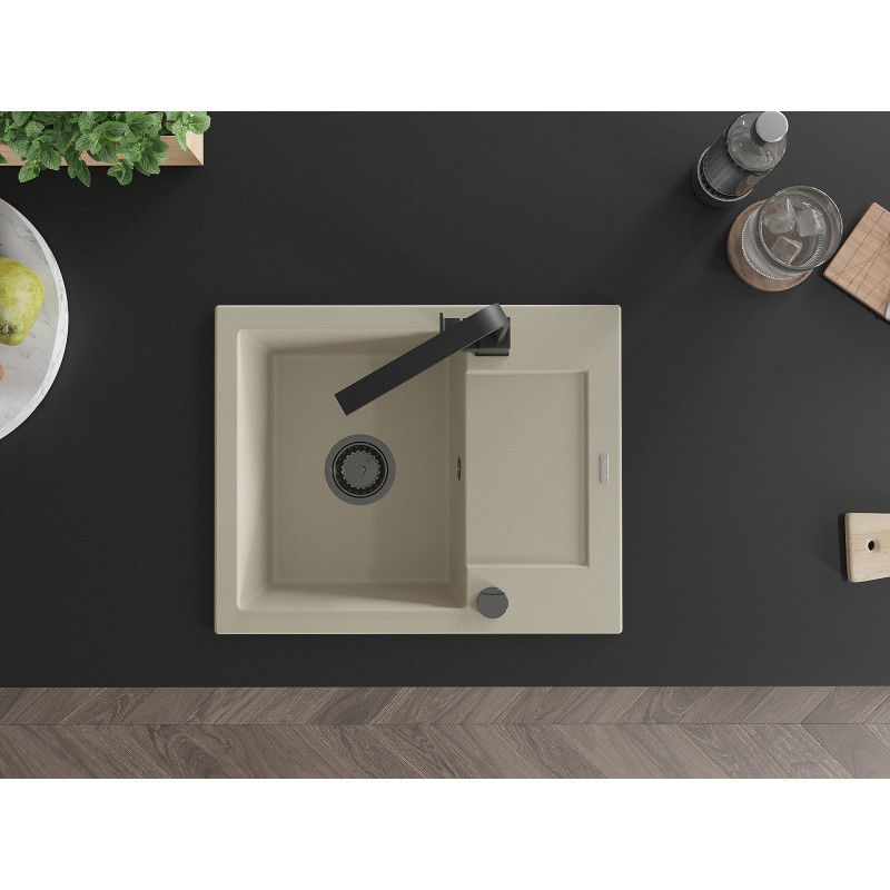 Mexen Enzo chiuvetă din granit cu 1 cameră cu picurător și baterie de bucătărie Rita, bej - 6506-69-670300-70