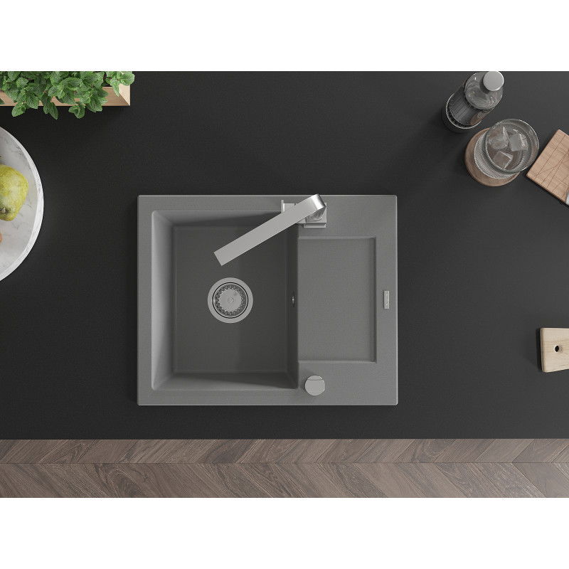 Mexen Enzo egymedencés gránit mosogató csepegtetővel és Rita konyhai csapteleppel, szürke - 6506-71-670300-00
