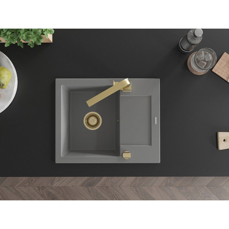 Mexen Enzo 1-medencés gránit mosogató csepegtetővel és Rita konyhai csapteleppel, szürke - 6506-71-670300-50