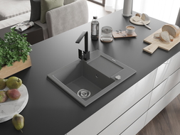 Mexen Enzo 1 rekeszes, csepegtetős gránit mosogató és Rita konyhai csaptelep, szürke - 6506-71-670300-70