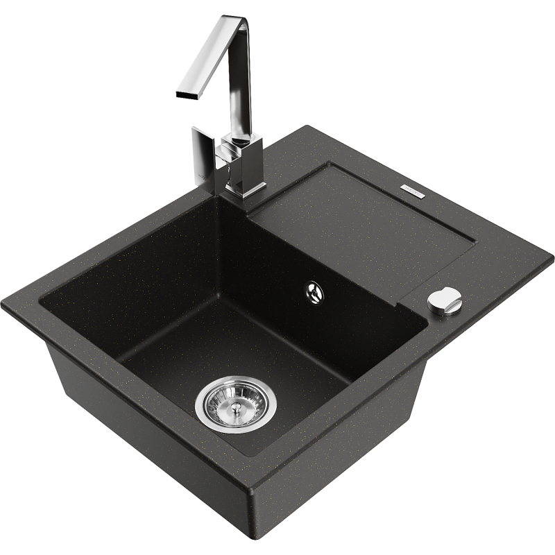 Mexen Enzo chiuvetă de bucătărie din granit cu 1 compartiment, cu scurgător și robinet de bucătărie Rita, negru/auriu