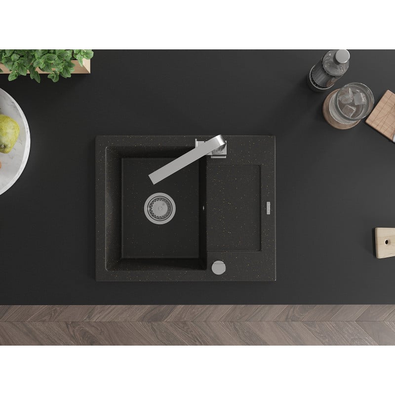 Mexen Enzo chiuvetă de bucătărie din granit cu 1 compartiment, cu scurgător și robinet de bucătărie Rita, negru/auriu
