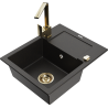 Mexen Enzo chiuvetă de granit cu 1 compartiment, cu picurător și baterie de bucătărie Rita, negru/auriu metalic