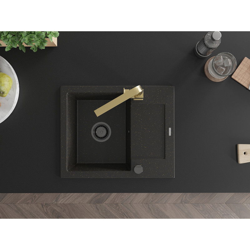 Mexen Enzo egymedencés gránit mosogató csepegtetővel és Rita konyhai csaptelep, fekete/arany metál - 6506-75-670300-50-B