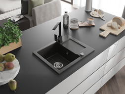 Chiuvetă de bucătărie Mexen Enzo granit 1-cavitate cu scurgător și baterie Rita, negru/auriu metalic - 6506-75-670300-70