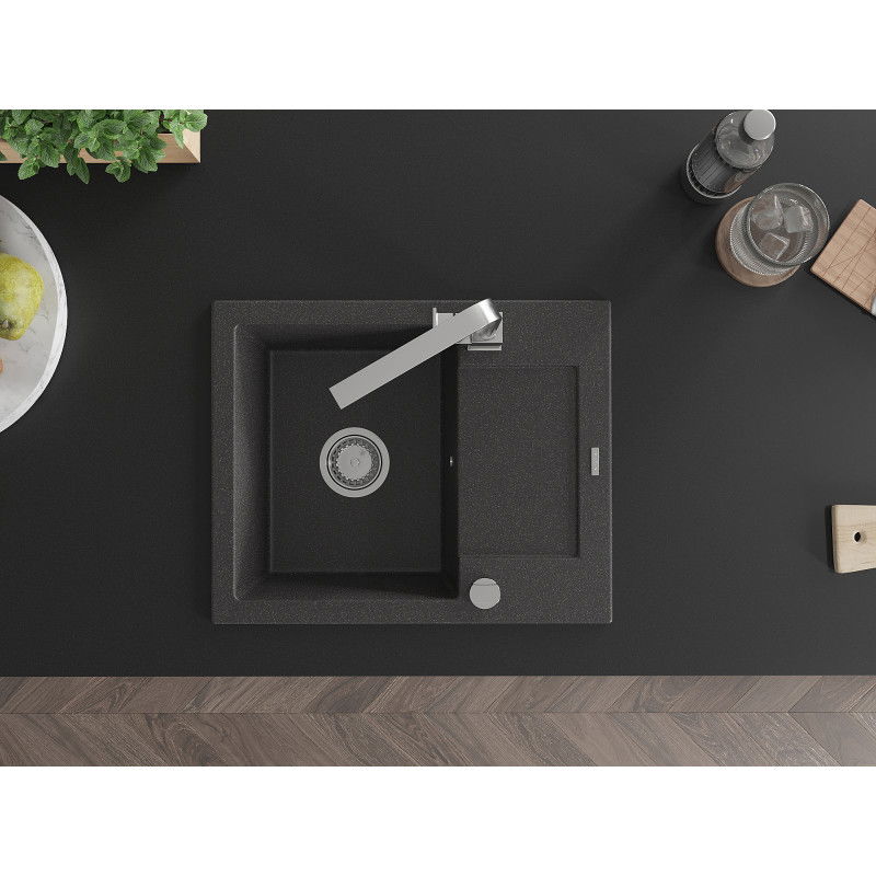 Mexen Enzo chiuvetă de granit cu 1 compartiment, cu scurgător și baterie de bucătărie Rita, negru cu pete