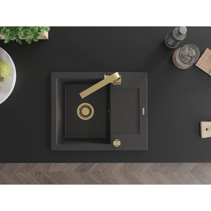 Mexen Enzo gránit egymedencés mosogató csepegtetővel és Rita konyhai csapteleppel, fekete pöttyös - 6506-76-670300-50