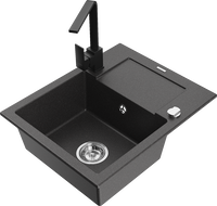 Mexen Enzo egykamrás gránit mosogató csepegtetővel és Rita konyhai csapteleppel, fekete pöttyös - 6506-76-670300-70