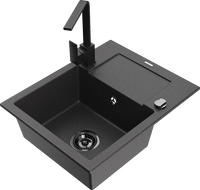 Mexen Enzo chiuvetă de granit cu o cuvă, cu scurgător și baterie de bucătărie Rita, punctată neagră