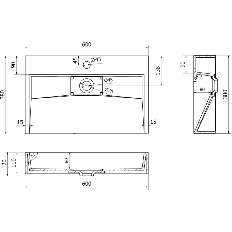 Mexen Ava munkalapra szerelhető mosdókagyló konglomerátból 1/O 60 x 38 cm, fekete - 23016071