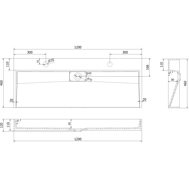 Mexen Ava konglomerátből készült mosdókagyló 2/O 120 x 46 cm, fehér - 23011202