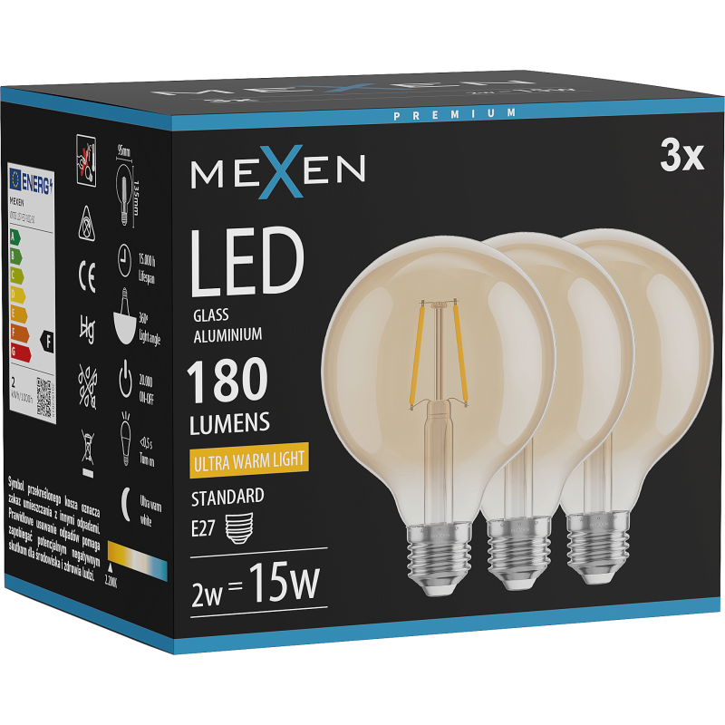 Mexen Vintis 3x Bec LED filament E27, G95, 2W, Cald - 2200K, 180 lm, chihlimbar - L157-E27-0222-50x03