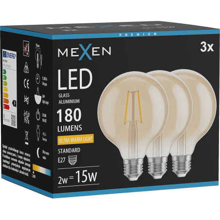 Mexen Vintis 3x Bec LED filament E27, G95, 2W, Cald - 2200K, 180 lm, chihlimbar - L157-E27-0222-50x03