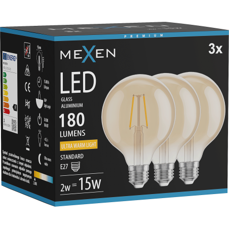 Mexen Vintis 3x LED filament izzó E27, G95, 2W, Meleg - 2200K, 180 lm, borostyán - L157-E27-0222-50x03