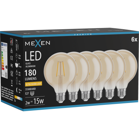 Mexen Vintis 6x Bec LED de tip filament E27, G95, 2W, Cald - 2200K, 180 lm, chihlimbar - L157-E27-0222-50x06
