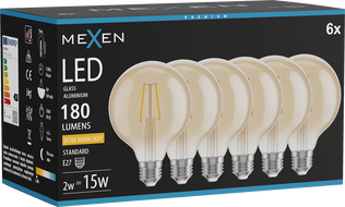 Mexen Vintis 6x LED filament izzó E27, G95, 2W, Meleg - 2200K, 180 lm, borostyán - L157-E27-0222-50x06