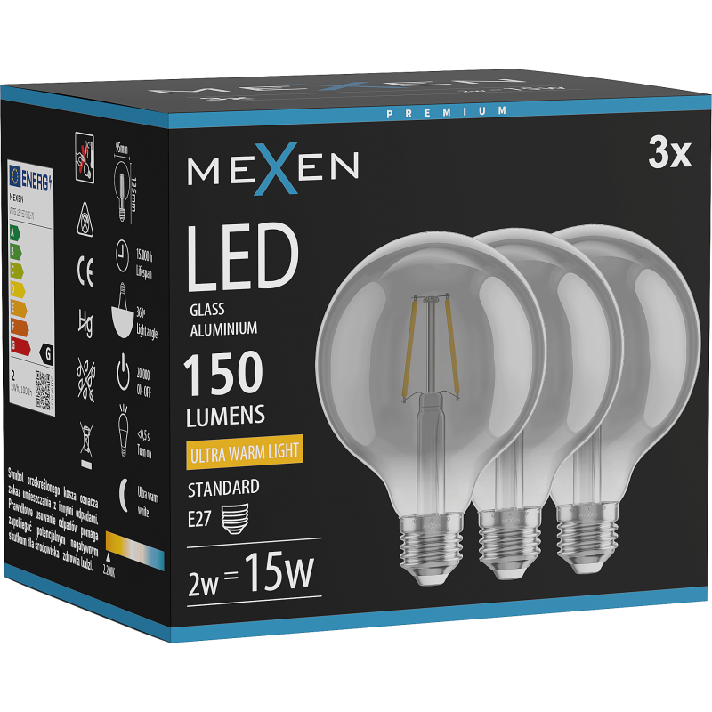 Mexen Vintis 3x Bec led filament E27, G95, 2W, Cald - 2200K, 150 lm, fumuriu - L157-E27-0222-70x03