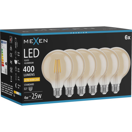 Mexen Vintis 6x Bec LED filament E27, G95, 4W, Cald - 2200K, 400 lm, chihlimbar - L157-E27-0422-50x06