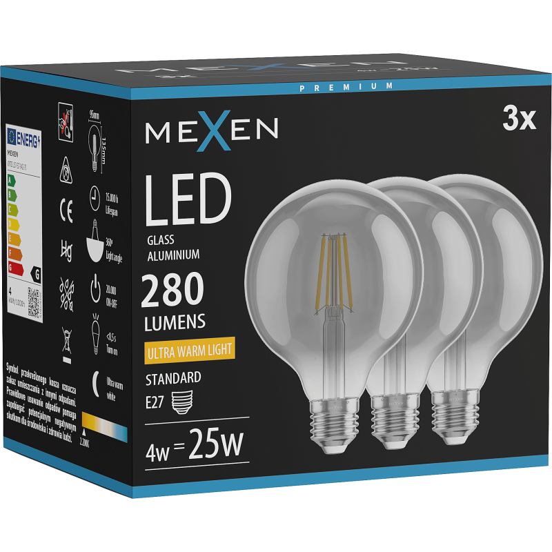 Mexen Vintis 3x Bec LED filament E27, G95, 4W, Cald - 2200K, 280 lm, fumuriu - L157-E27-0422-70x03