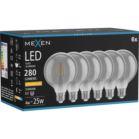 Mexen Vintis 6x LED filament izzó E27, G95, 4W, Meleg - 2200K, 280 lm, füst - L157-E27-0422-70x06