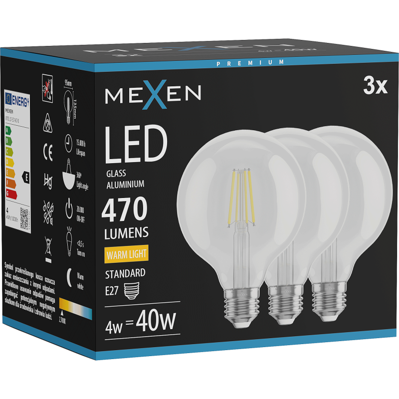 Mexen Vintis 3x Bec Filament LED E27, G95, 4W, Cald - 2700K, 470 lm, clar - L157-E27-0427-00x03