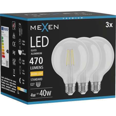 Mexen Vintis 3x LED filament izzó E27, G95, 4W, Meleg - 2700K, 470 lm, tiszta - L157-E27-0427-00x03