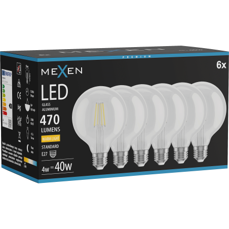 Mexen Vintis 6x Filament LED izzó E27, G95, 4W, Meleg - 2700K, 470 lm, átlátszó - L157-E27-0427-00x06