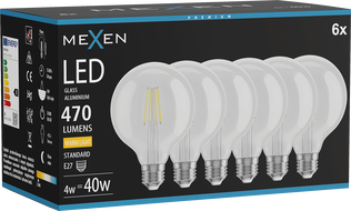 Mexen Vintis 6x Filament LED izzó E27, G95, 4W, Meleg - 2700K, 470 lm, átlátszó - L157-E27-0427-00x06