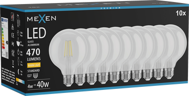 Mexen Vintis 10x LED filament izzó E27, G95, 4W, Meleg - 2700K, 470 lm, átlátszó - L157-E27-0427-00x10