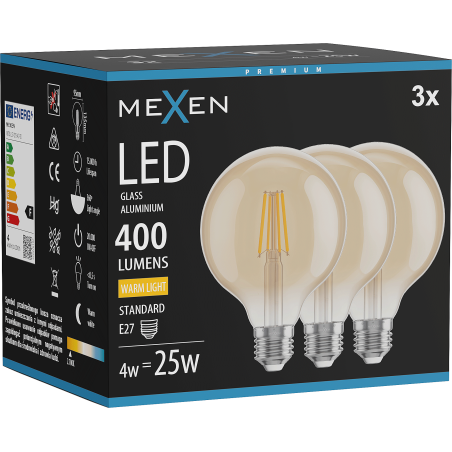 Mexen Vintis 3x Bec LED filament E27, G95, 4W, Cald - 2700K, 400 lm, chihlimbar - L157-E27-0427-50x03