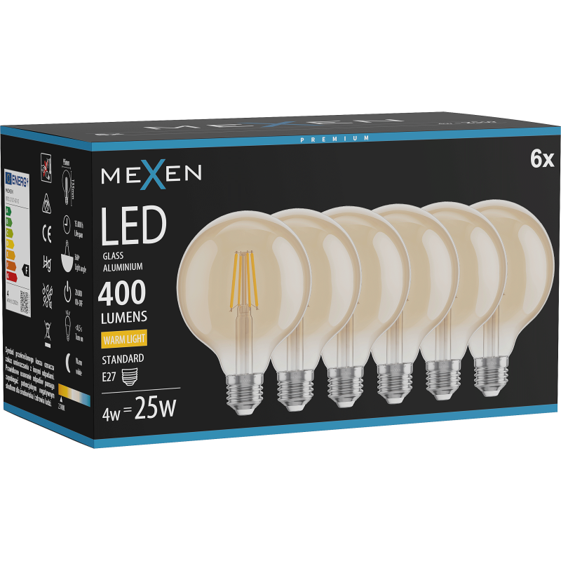 Mexen Vintis 6x LED E27 filament izzólámpa, G95, 4W, Meleg - 2700K, 400 lm, borostyánsárga - L157-E27-0427-50x06