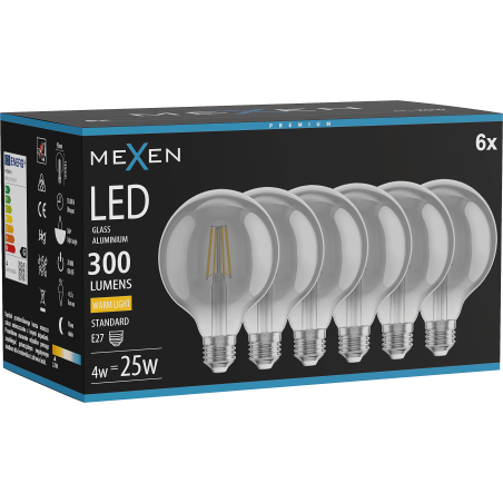 Mexen Vintis 6x LED E27 filament izzó, G95, 4W, Meleg - 2700K, 300 lm, füst - L157-E27-0427-70x06