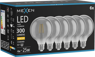 Mexen Vintis 6x LED E27 filament izzó, G95, 4W, Meleg - 2700K, 300 lm, füst - L157-E27-0427-70x06