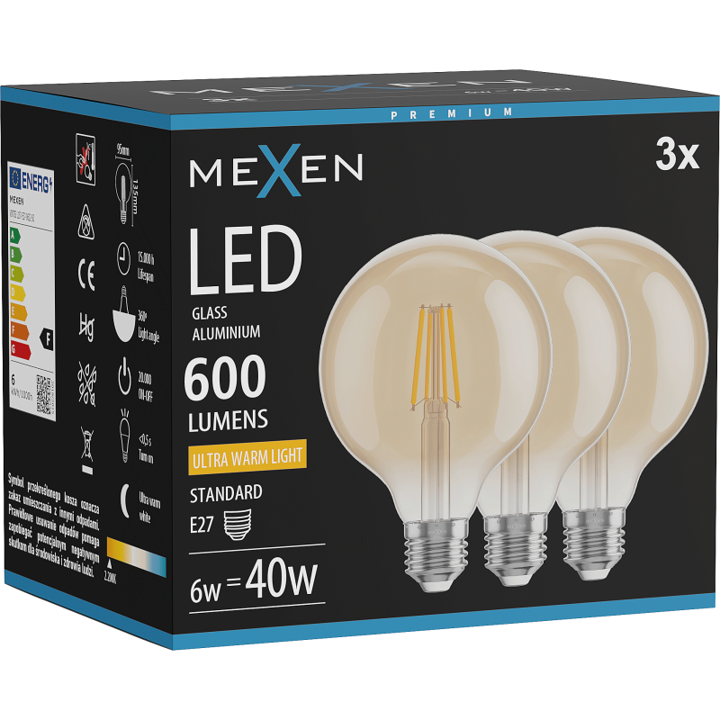 Mexen Vintis 3x LED filament izzó E27, G95, 6W, Meleg - 2200K, 600 lm, borostyán - L157-E27-0622-50x03