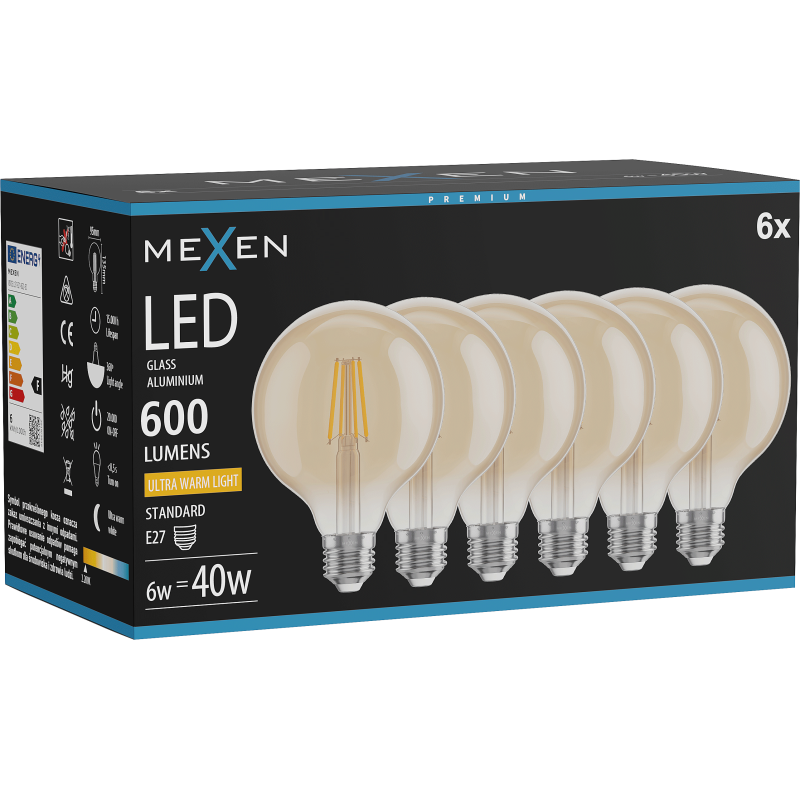 Mexen Vintis 6x Bec LED cu filament E27, G95, 6W, Cald - 2200K, 600 lm, chihlimbar - L157-E27-0622-50x06