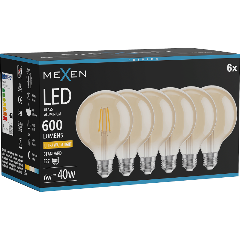 Mexen Vintis 6x LED filament izzó E27, G95, 6W, Meleg - 2200K, 600 lm, borostyán - L157-E27-0622-50x06