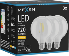 Mexen Vintis 3x LED filament izzó E27, G95, 6W, Meleg - 2700K, 720 lm, átlátszó - L157-E27-0627-00x03