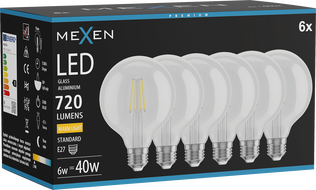 Mexen Vintis 6x LED filament izzó E27, G95, 6W, Meleg - 2700K, 720 lm, átlátszó - L157-E27-0627-00x06