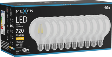 Mexen Vintis 10x LED filament izzó E27, G95, 6W, Meleg - 2700K, 720 lm, átlátszó - L157-E27-0627-00x10