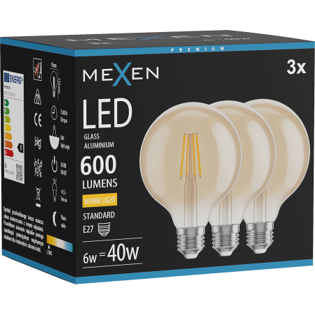 Mexen Vintis 3x LED filament izzó E27, G95, 6W, Meleg - 2700K, 600 lm, borostyán - L157-E27-0627-50x03