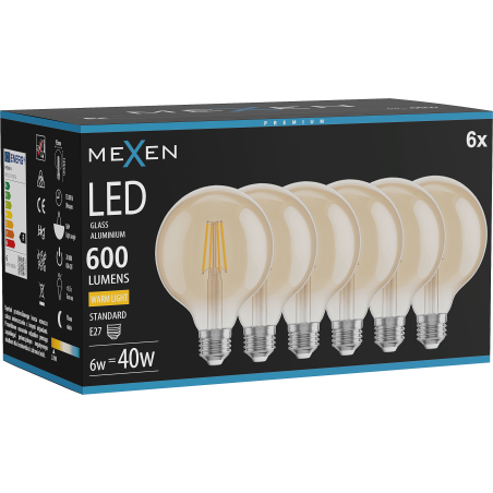 Mexen Vintis 6x LED filament izzó E27, G95, 6W, Meleg - 2700K, 600 lm, borostyánsárga - L157-E27-0627-50x06