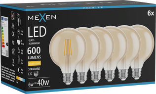 Mexen Vintis 6x LED filament izzó E27, G95, 6W, Meleg - 2700K, 600 lm, borostyánsárga - L157-E27-0627-50x06