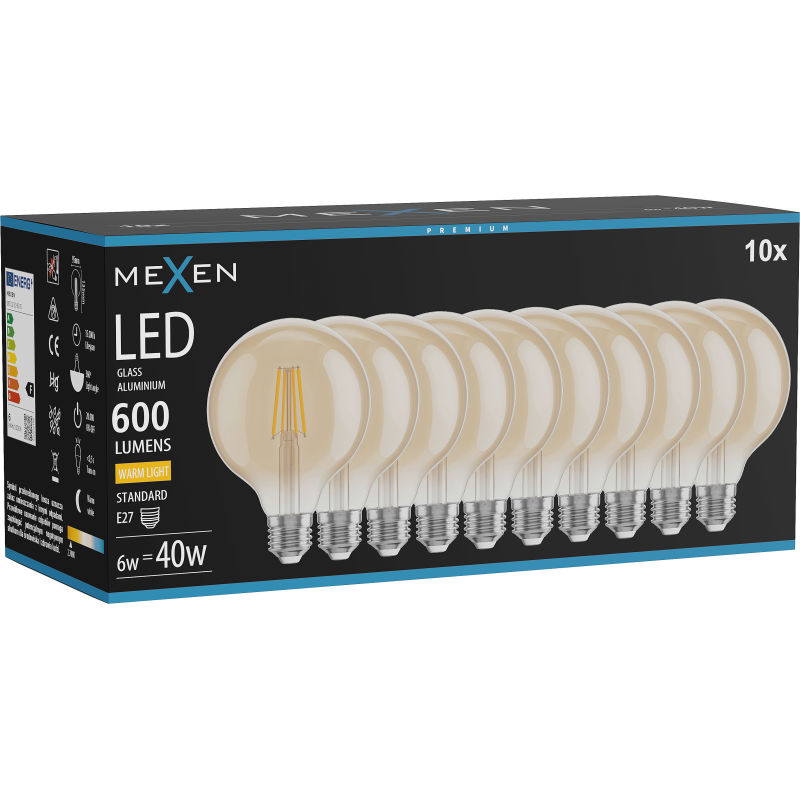 Mexen Vintis 10x LED filament izzó E27, G95, 6W, Meleg - 2700K, 600 lm, borostyán - L157-E27-0627-50x10