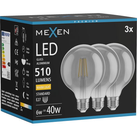 Mexen Vintis 3x filament LED izzó E27, G95, 6W, Meleg - 2700K, 510 lm, füstös - L157-E27-0627-70x03